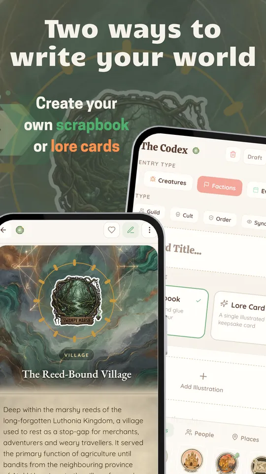 A LoreBible Codex entry for a village, with a Lore Card beside it