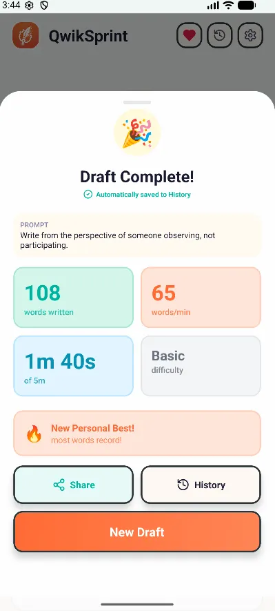 Draft complete, with words written and words per minute
