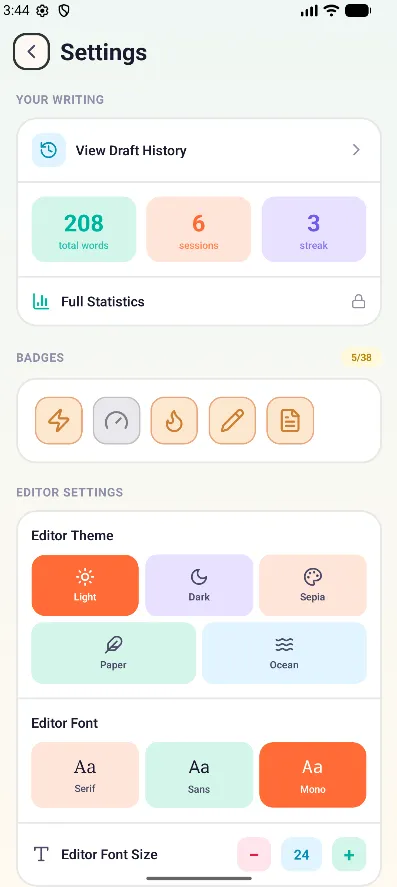 Stats, badges and editor themes