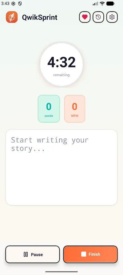 A QwikSprint writing sprint with the timer counting down